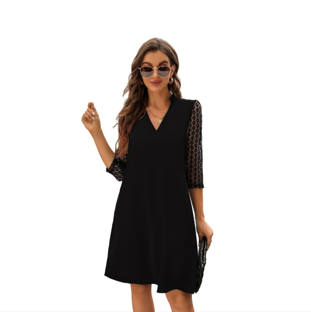 Missky Black V-Neck A-Line Lace Sleeve Dress